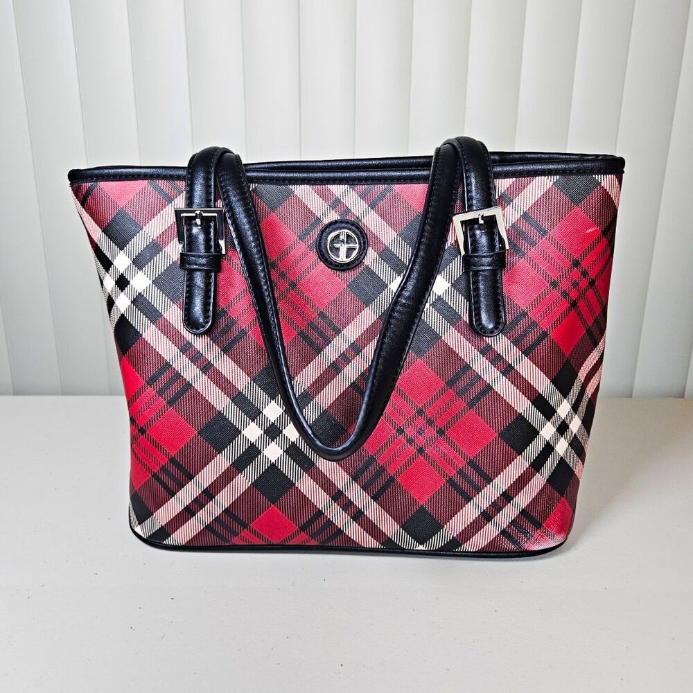 Giani Bernini Saffiano Plaid Tote Shoulder Bag Red Black Zip Lined Pockets